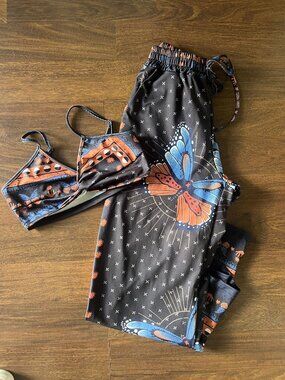 Butterfly Two Piece Set Womens Small Wide Leg Pants Matching Outfit